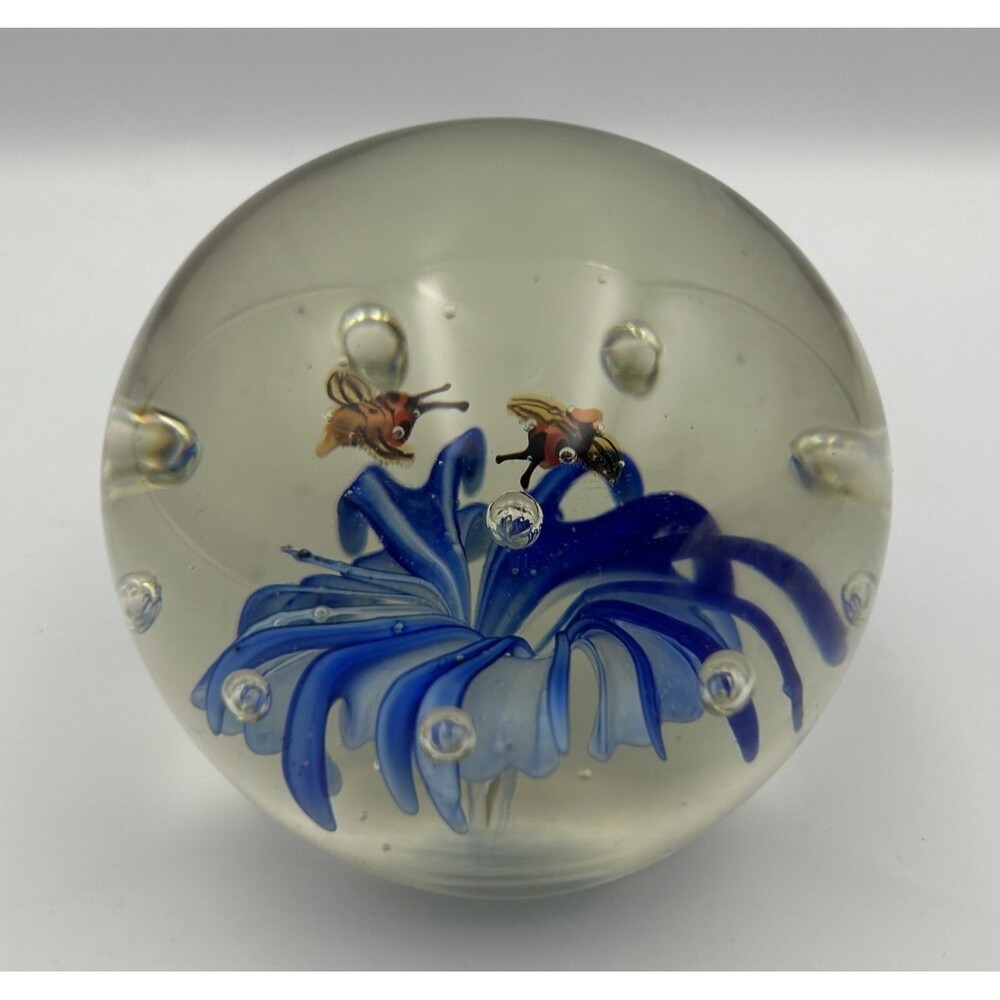 Vintage Gerz Studio Art Glass Paperweight Blue Flower Bumble Bees Lampwork 3"
